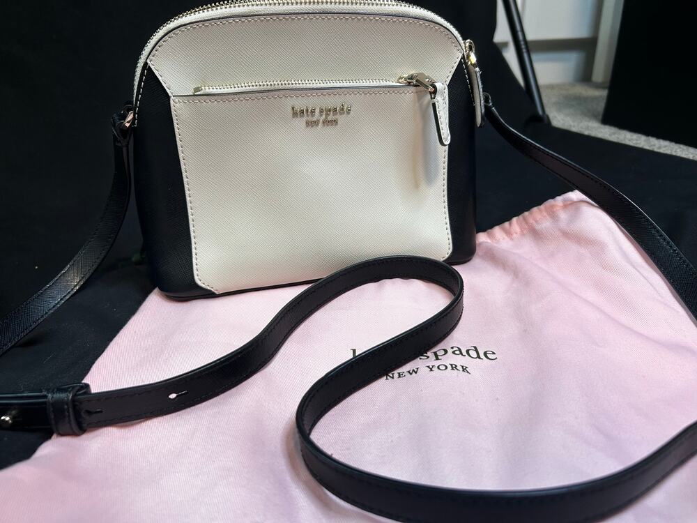 Kate Spade Morgan K8964 Double Zip Dome Crossbody Cream Black Saffiano Leather